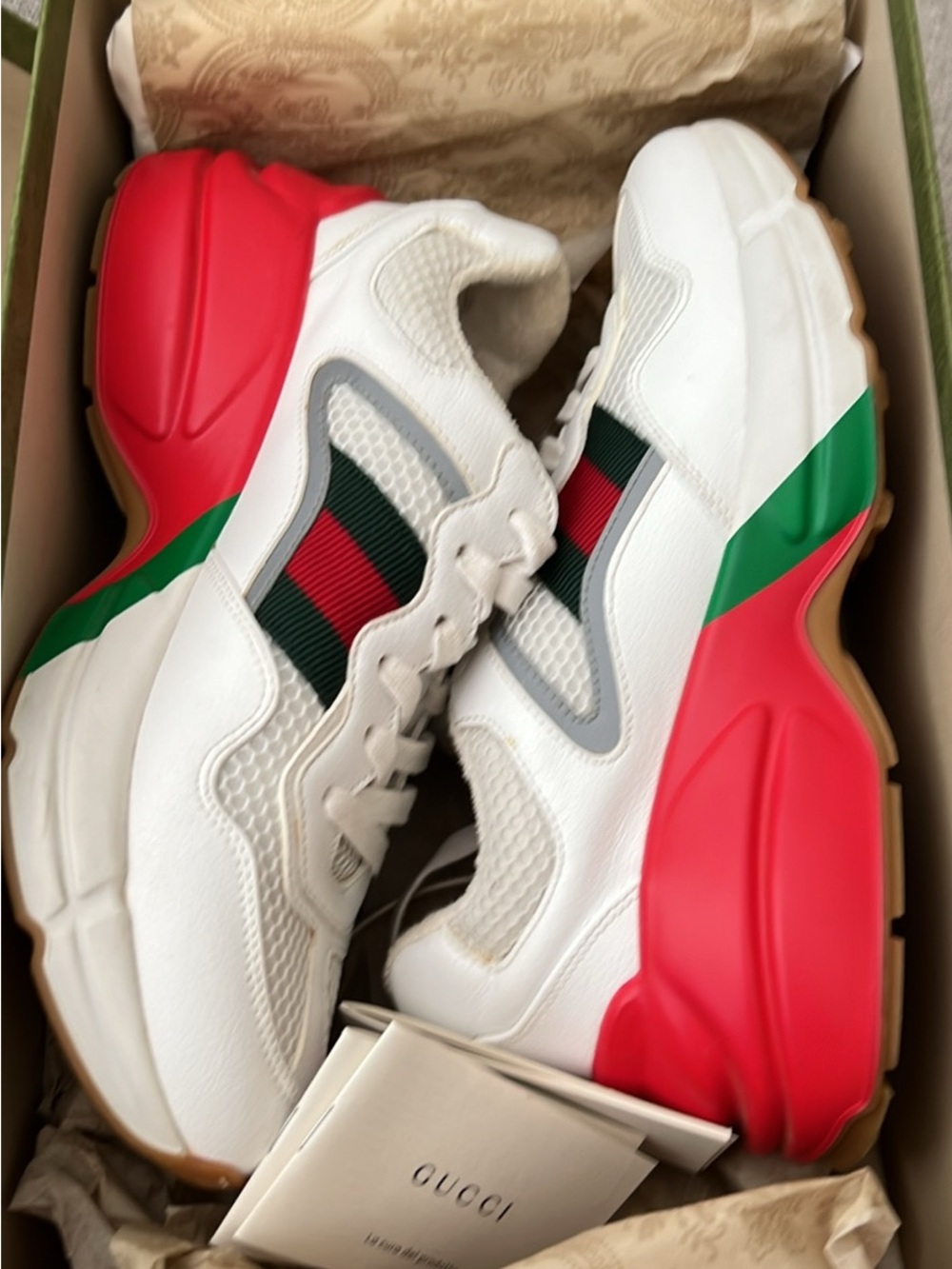 Gucci White Leather Sneakers with Green & Red Web and Red Accents